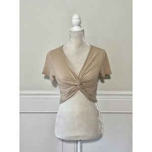 Love J Tan Ribbed Crop Top Twist Front S